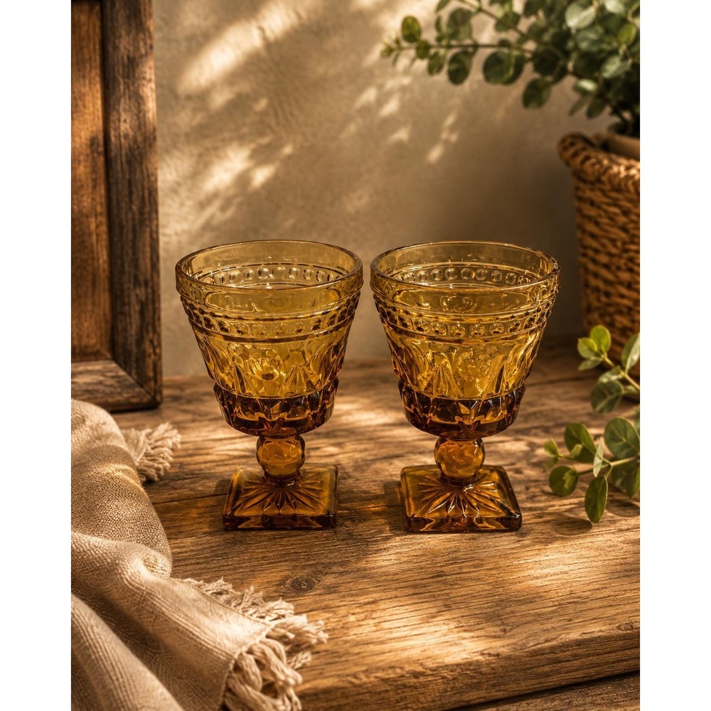 Vintage Mid Century Amber Glass Goblets, Indiana Colony Park Lane, Set of 2